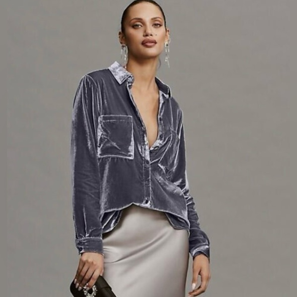 Anthropologie Pilcro Relaxed Velvet Buttondown Shirt Grey XS NEW